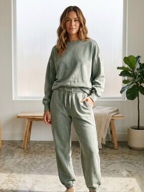 Women's Sage Green Drawstring Jogger Pants & Sweatshirt Set